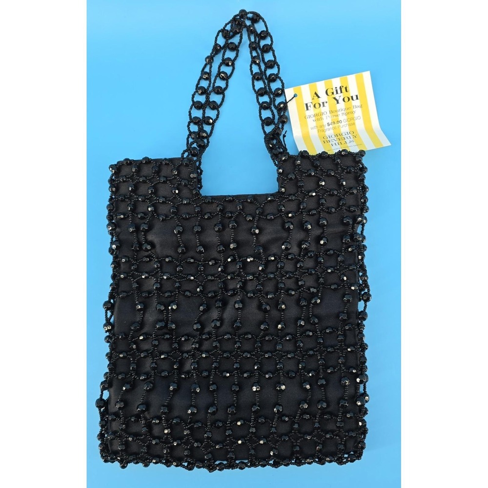 Vtg Giorgio Beverly Hills Black Silk Handbag w/ Chain Beads Gatsby Flapper 8x9"